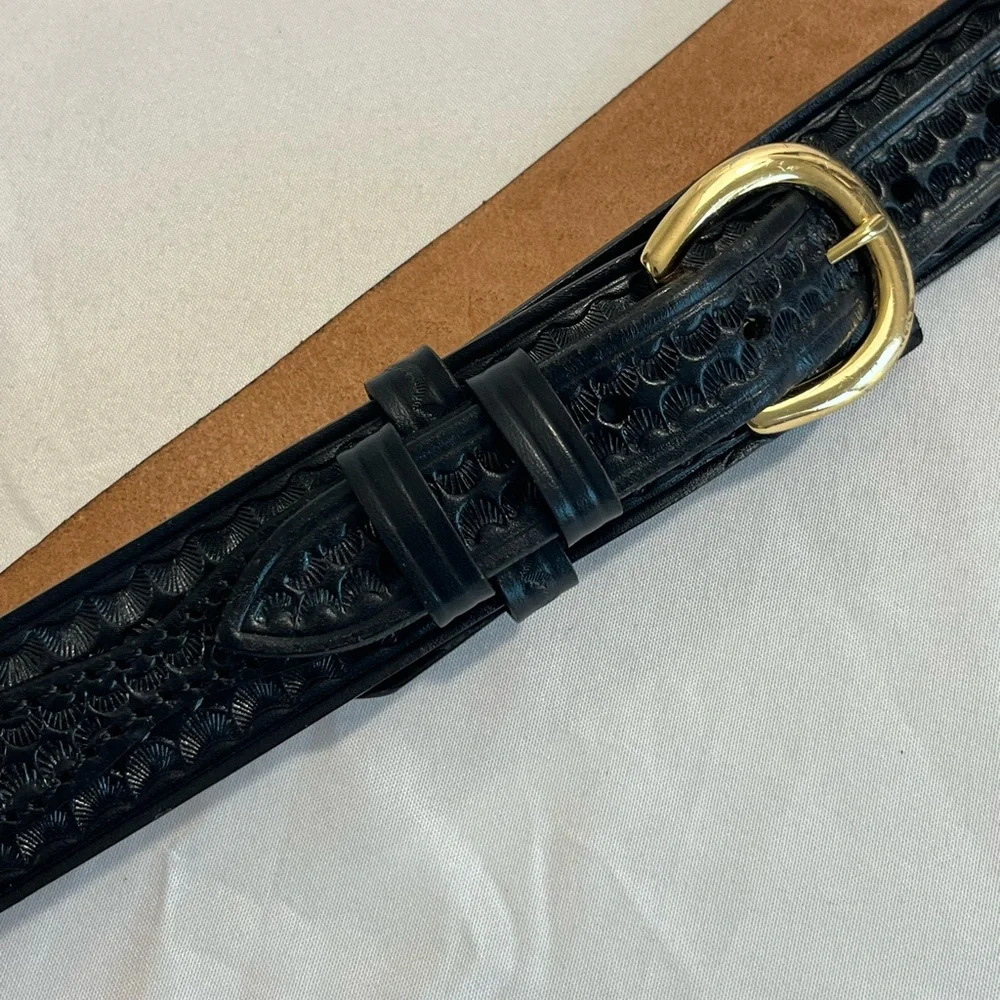 Dutyman Basketweave Belt 40 Black Tooled Leather Gold Brass Buckle 1721